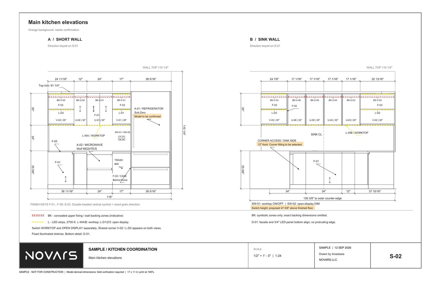 Plan, both wall elevations, sections and schedules