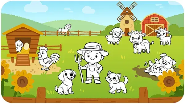 On the farm coloring page