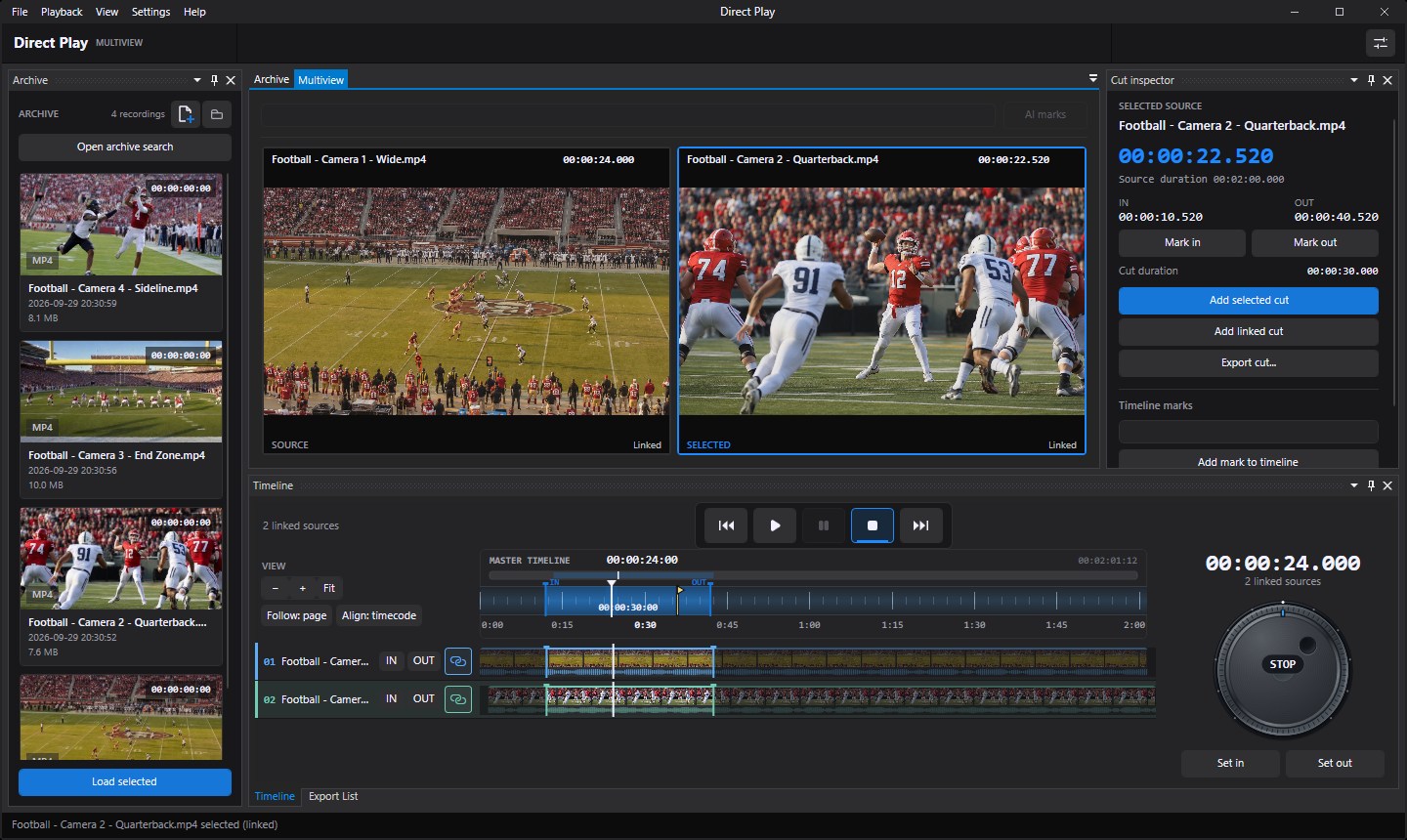 Direct Play desktop with two camera views, a shared timeline, archive, and cut controls