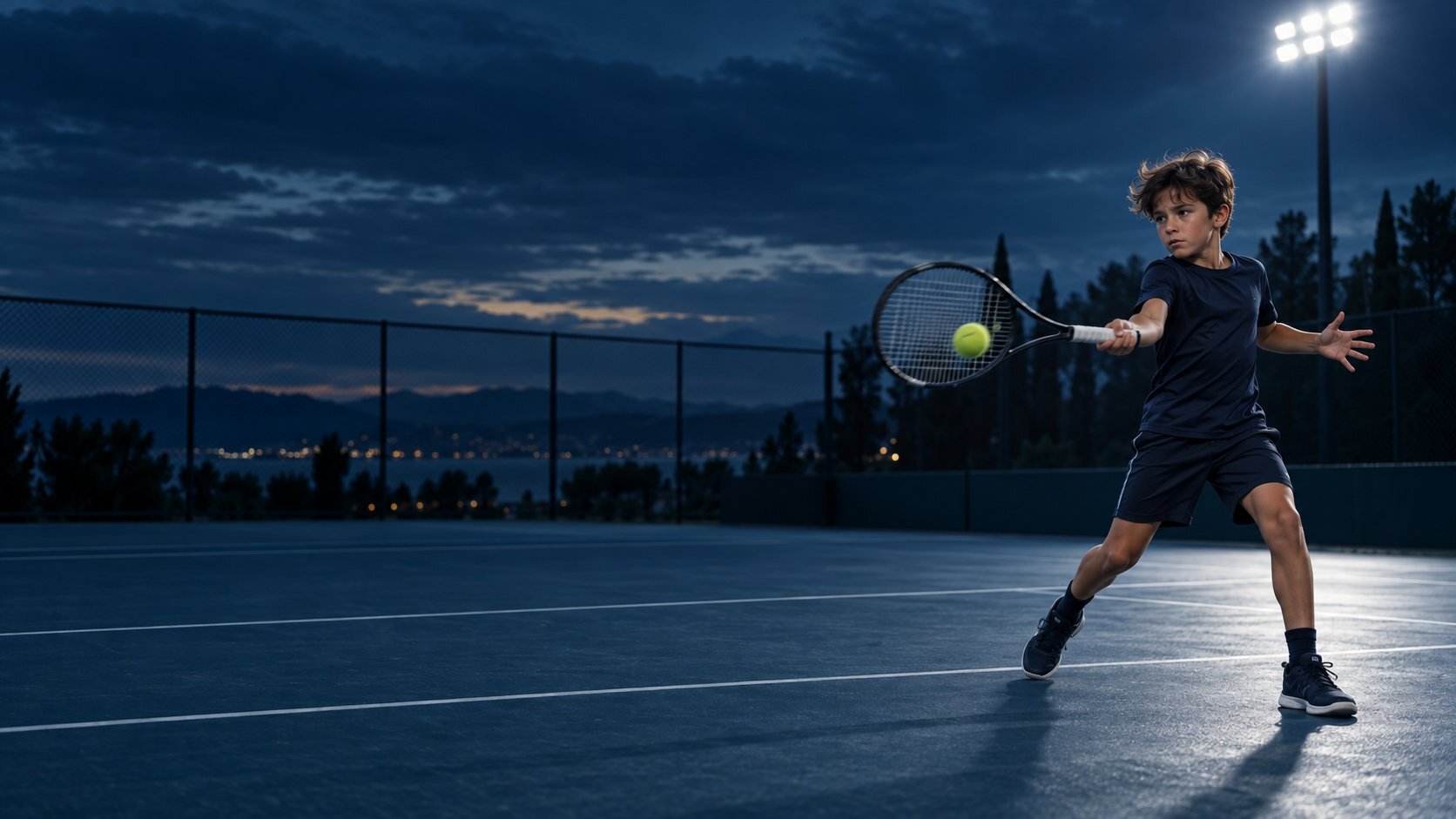 Junior tennis player hitting a forehand on a blue court at dusk