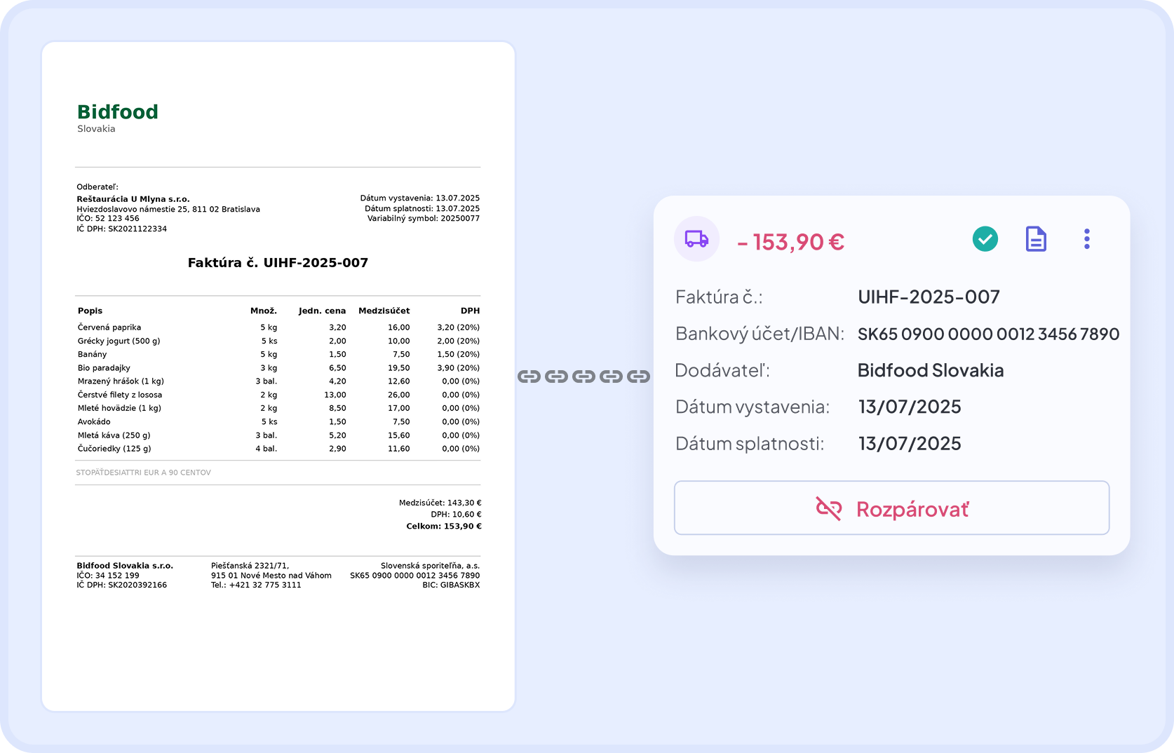 Automatické párovanie v Dishboarde — faktúra dodávateľa spárovaná s platbou v banke