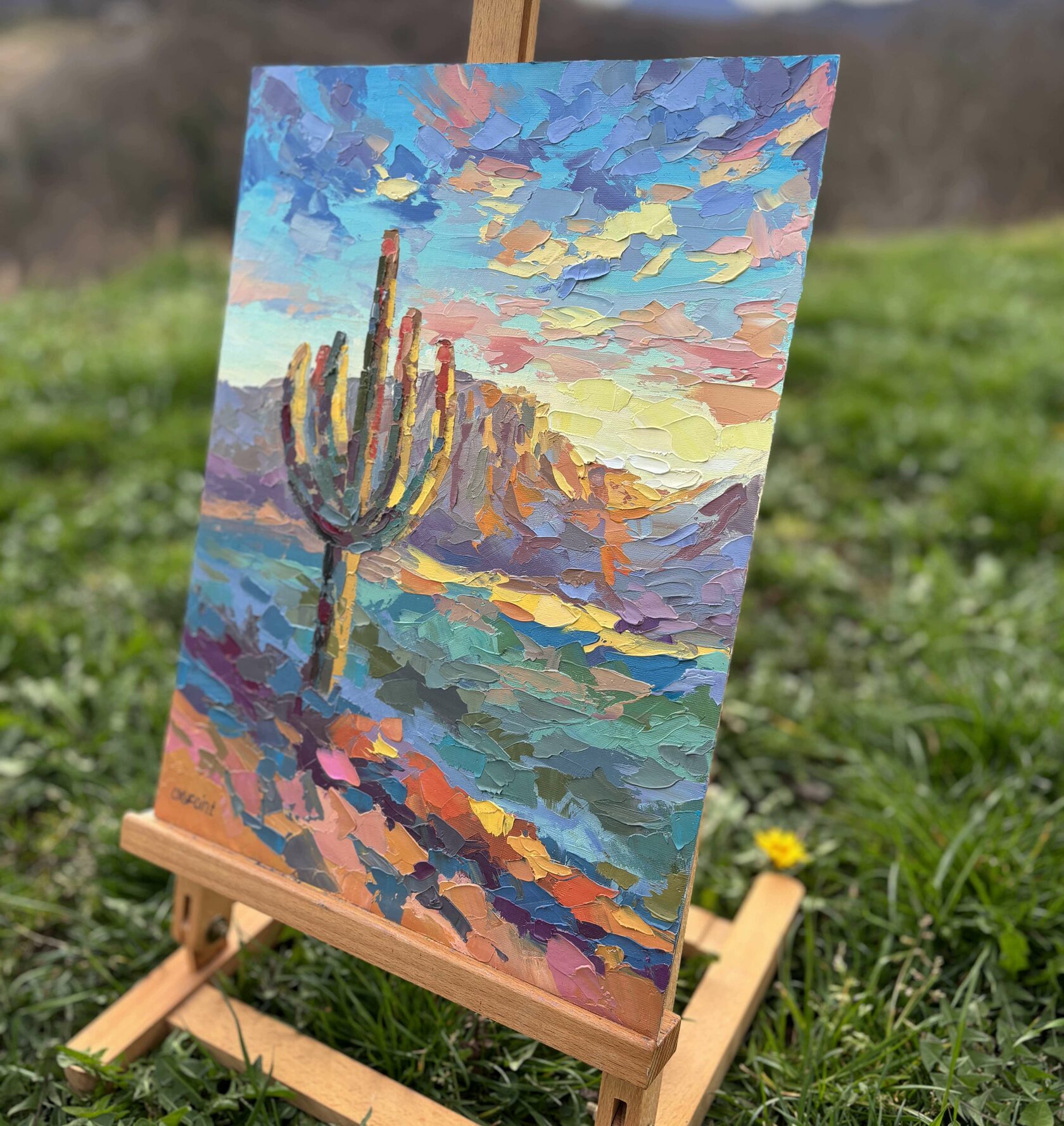 Saguaro oil painting, sunset in the desert abstract art, Arizona knife painting, artist OXYPOINT Oxana Kravtsova, painting for sale 