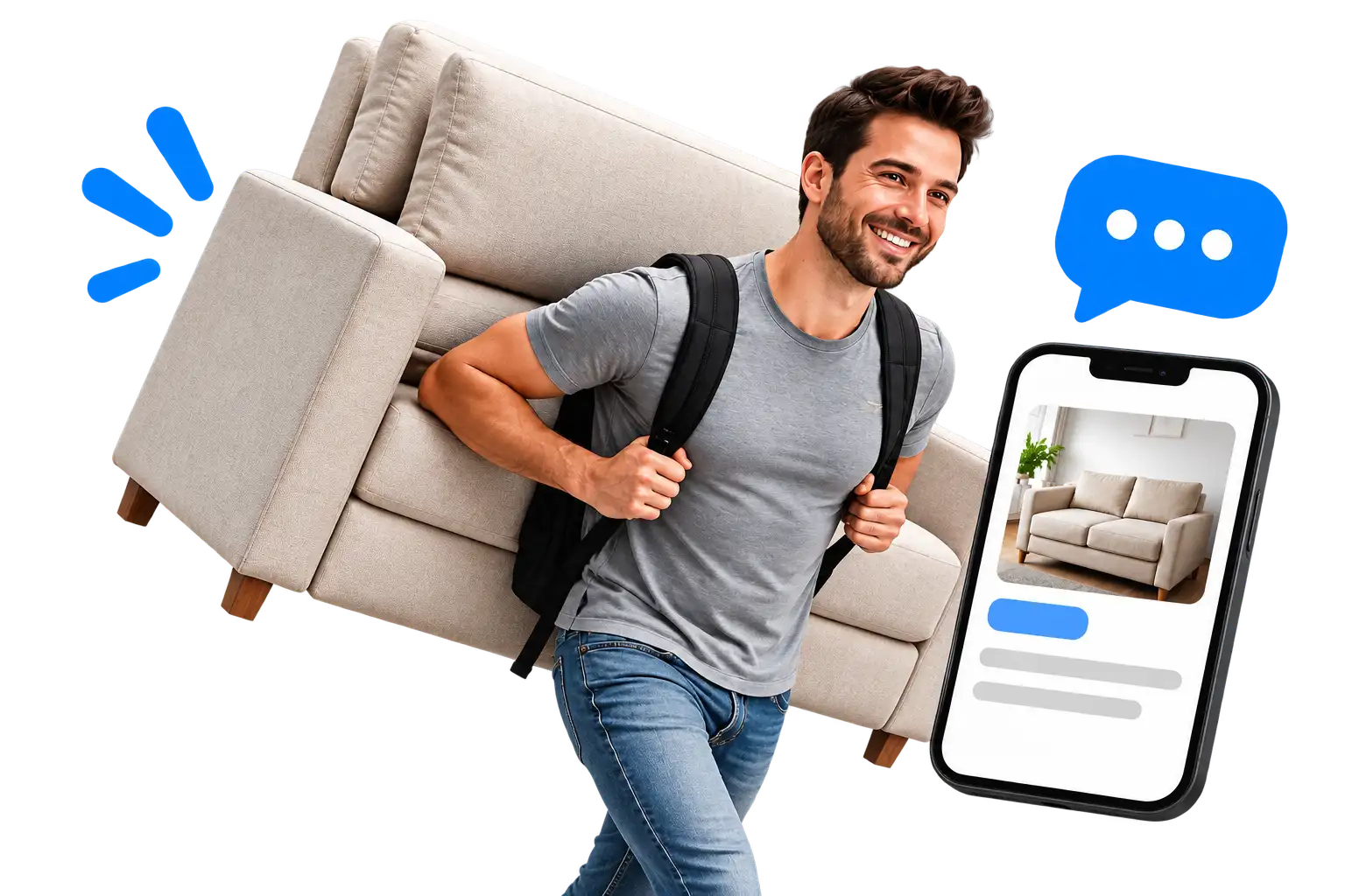 Mann tr&auml;gt ein gebrauchtes helles Sofa neben einem Smartphone mit einer Kleinanzeige &ndash; gebrauchtes Sofa kaufen und reinigen lassen in Frankfurt