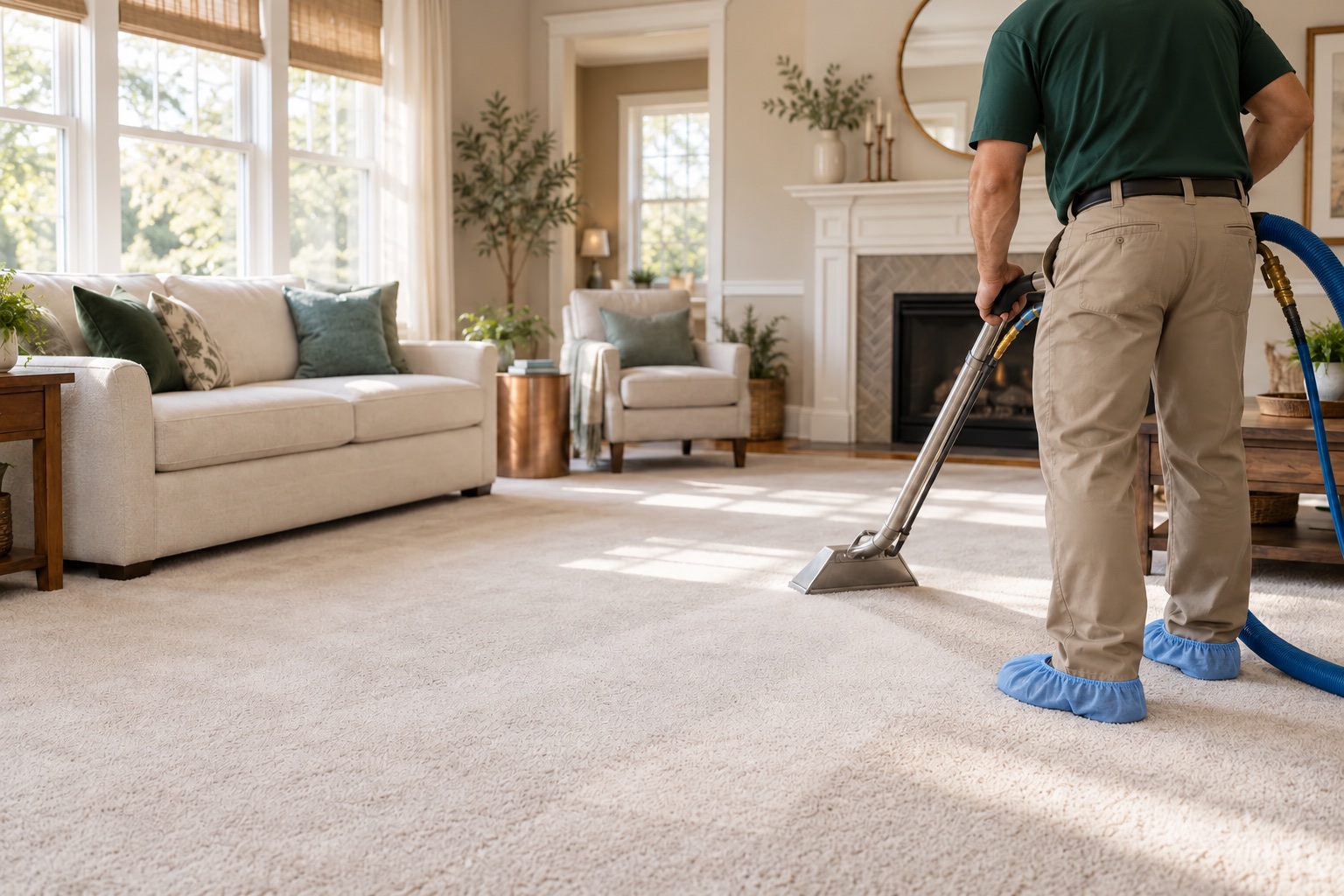 Professional technician using carpet cleaning equipment in a bright living room