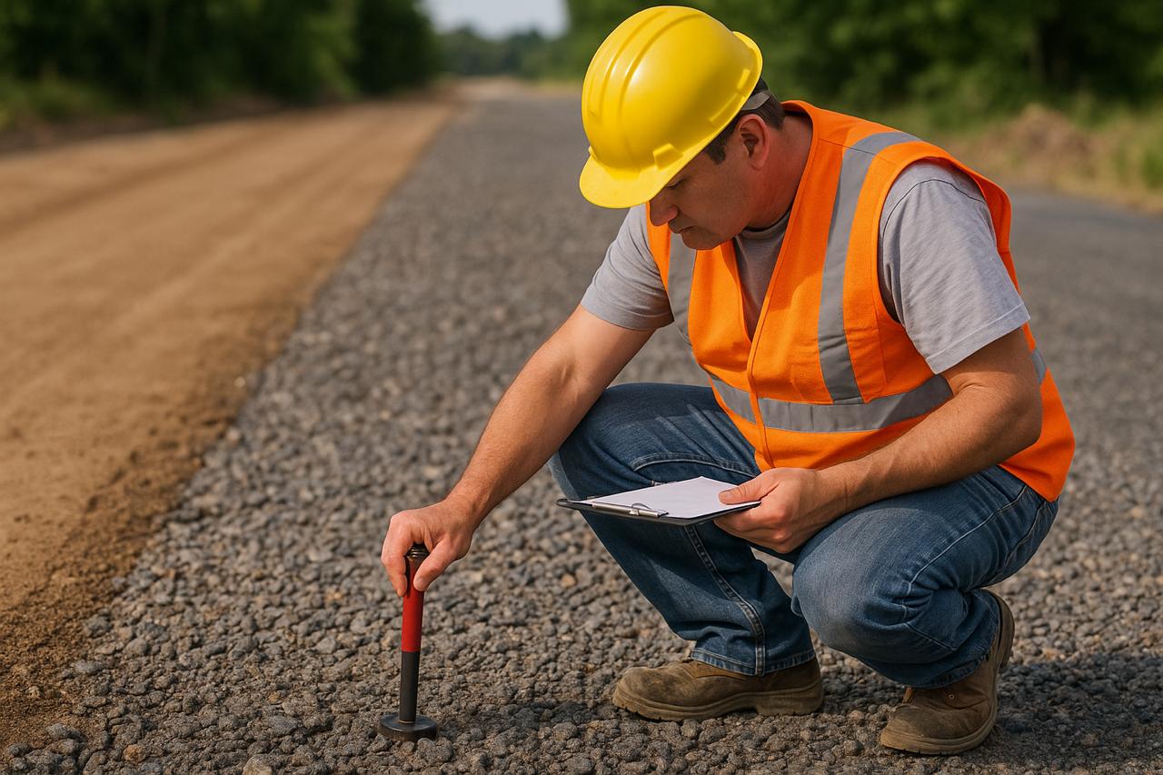 Инженер проверява и тества носимоспособността на основата преди асфалтиране — професионална подготовка на терена в София.