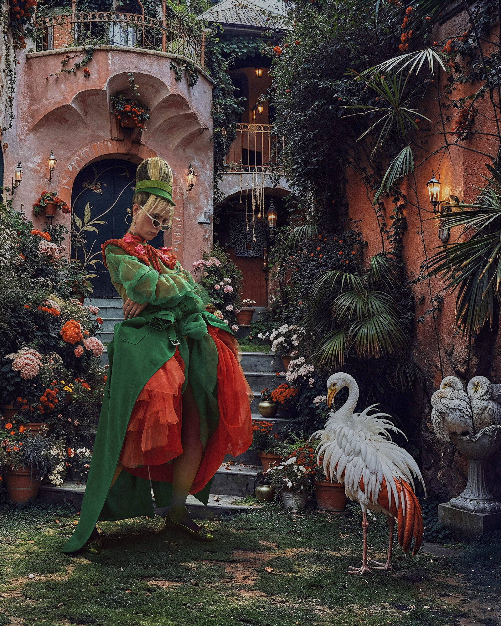 Fashion portrait among surreal flowers