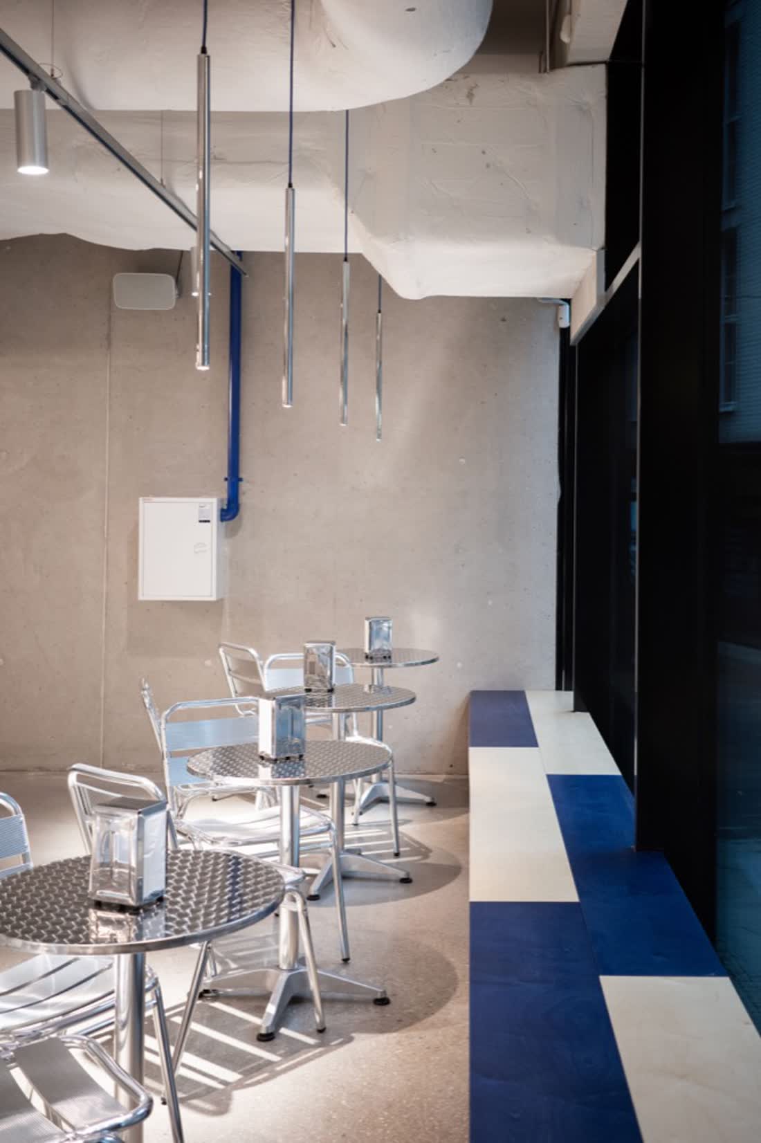 Seating area with a blue wall