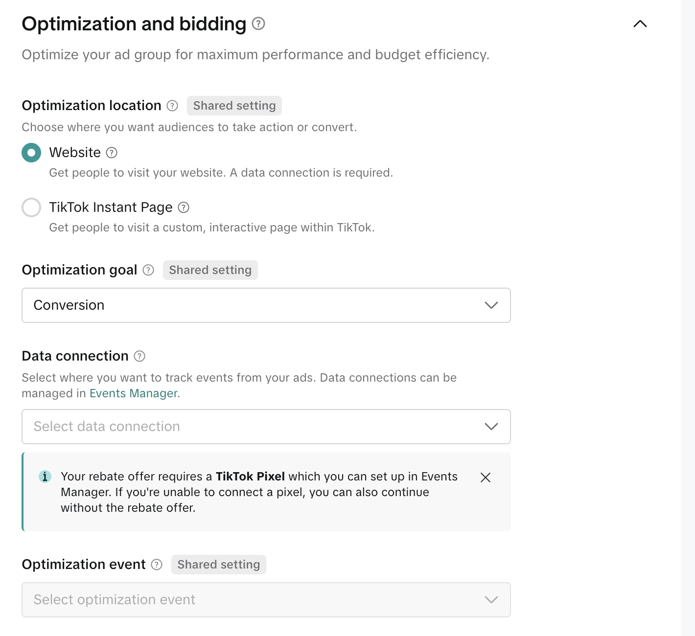 Настройки оптимизации группы объявлений Smart+ в TikTok Ads Manager