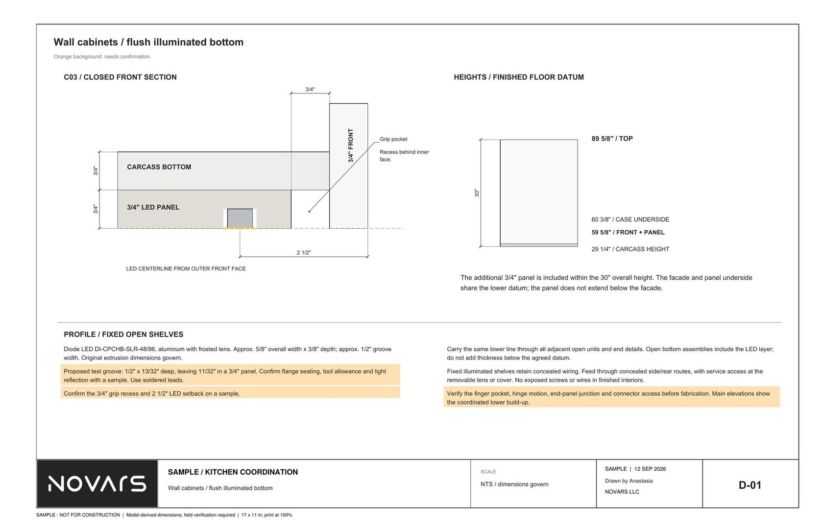 Section through a wall cabinet showing carcass bottom, grip pocket recess and heights from finished floor