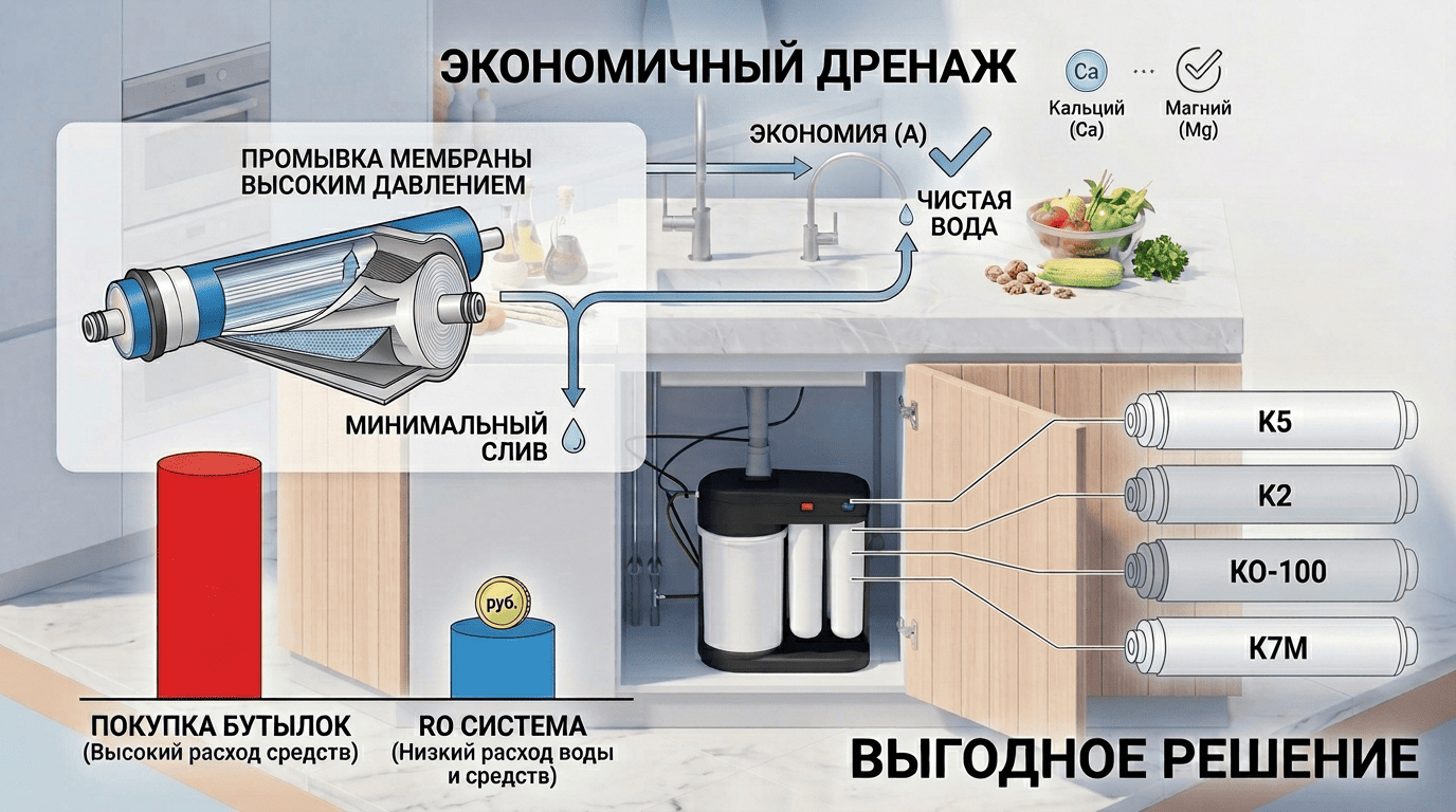 Промывка мембраны высоким давлением и экономия при использовании обратного осмоса с картриджами К5, К2, КО-100, К7М