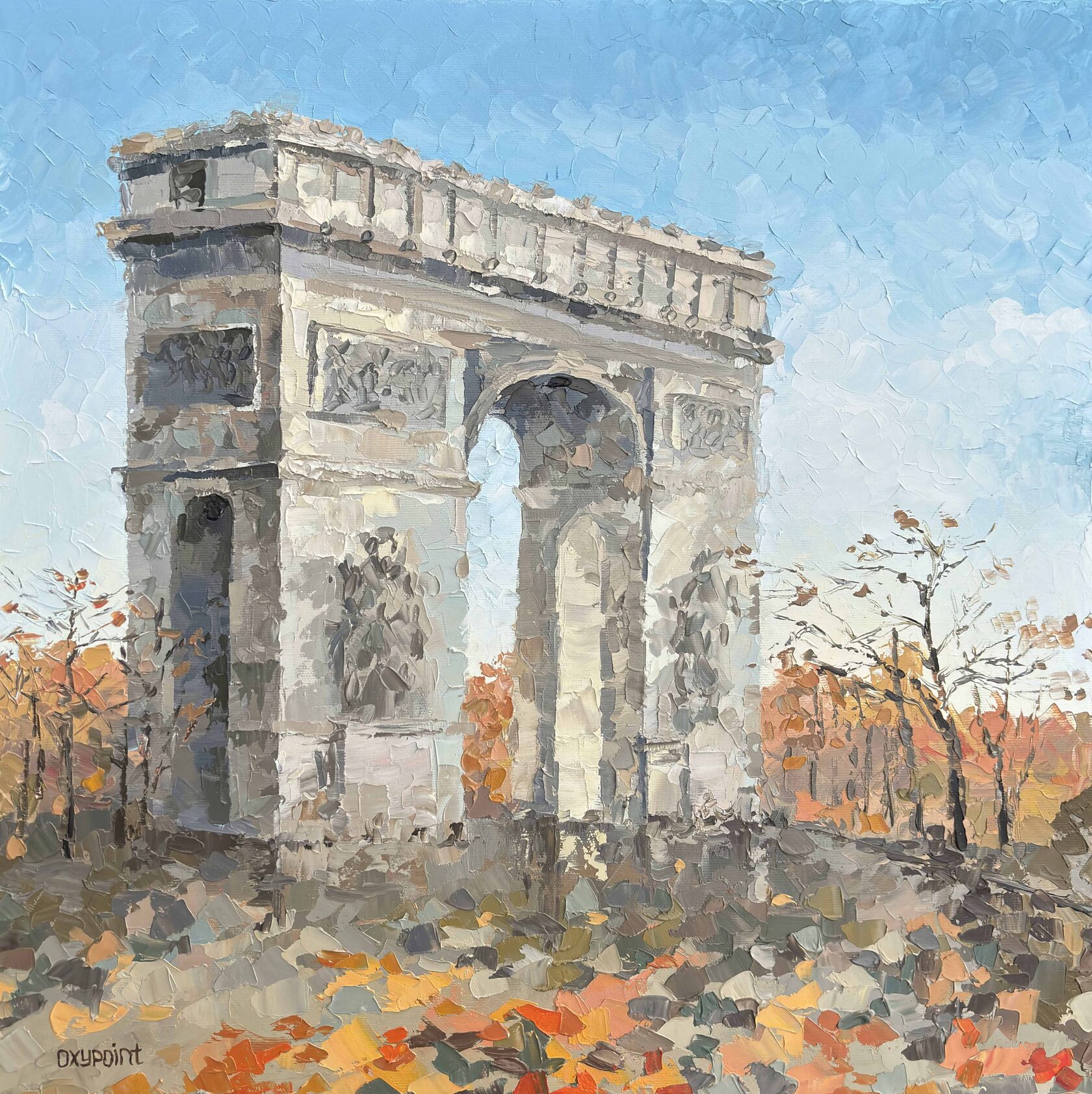 Paris oil painting, Arc de Triomphe abstract art, Arc de Triomphe de l'Étoile landscape knife painting, artist OXYPOINT Oxana Kravtsova, painting for sale 