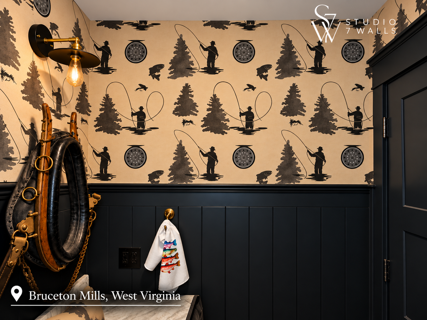 Fishing pattern wallpaper installed above black wainscoting in Bruceton Mills West Virginia