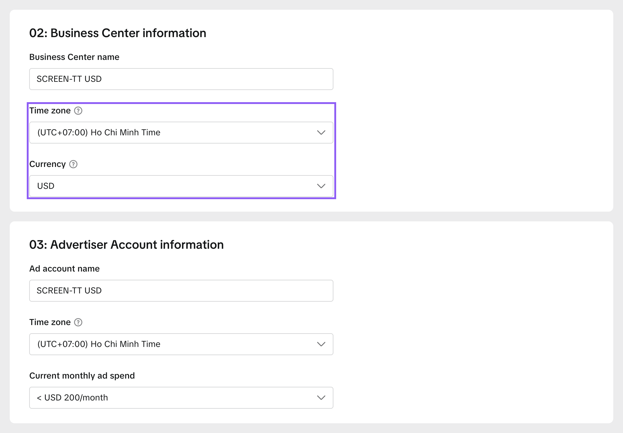 Поля часового пояса и валюты в форме создания Business Center и кабинета TikTok
