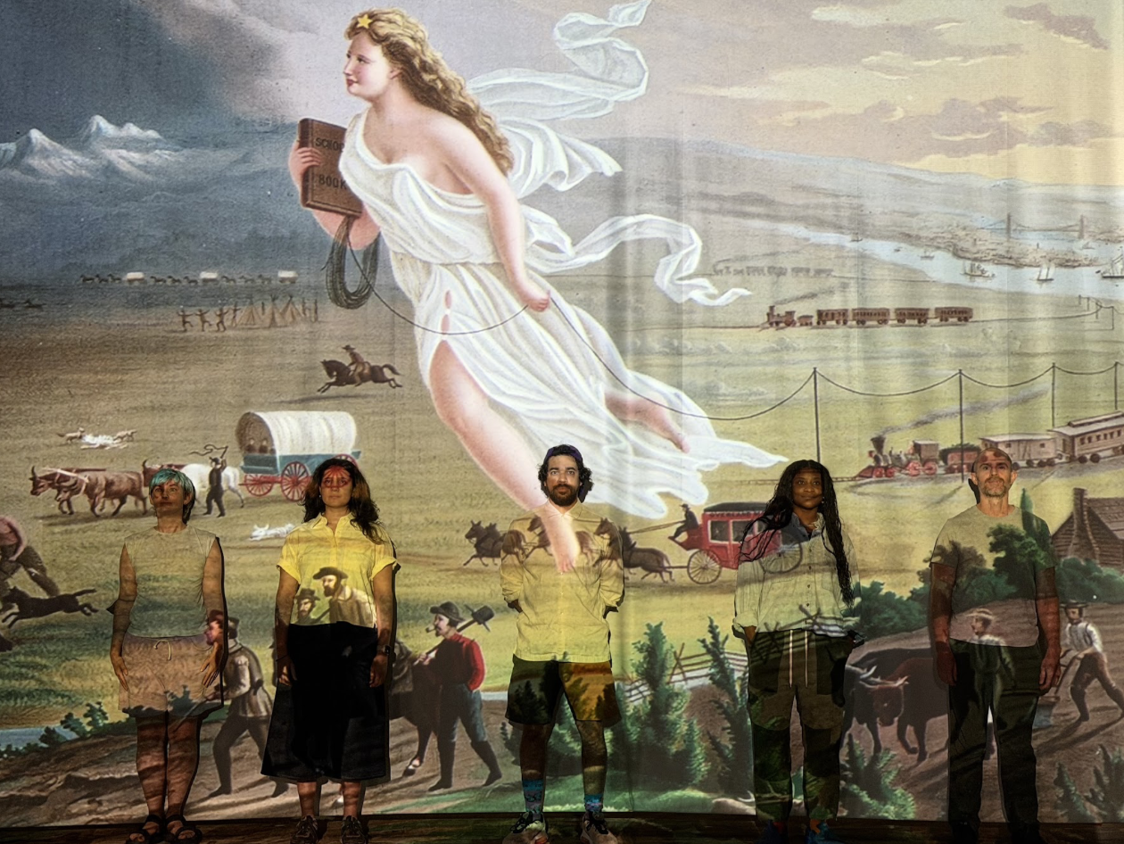 Performers standing in front of a projected historical painting