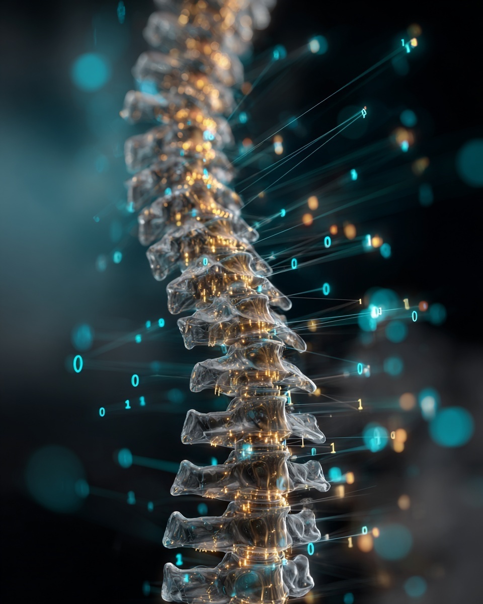 Transparent human spine made of glass and golden code, with data particles streaming out.