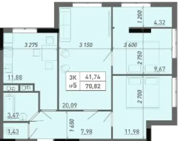 Планировка 3-комнатной квартиры в ЖК Акварель 8