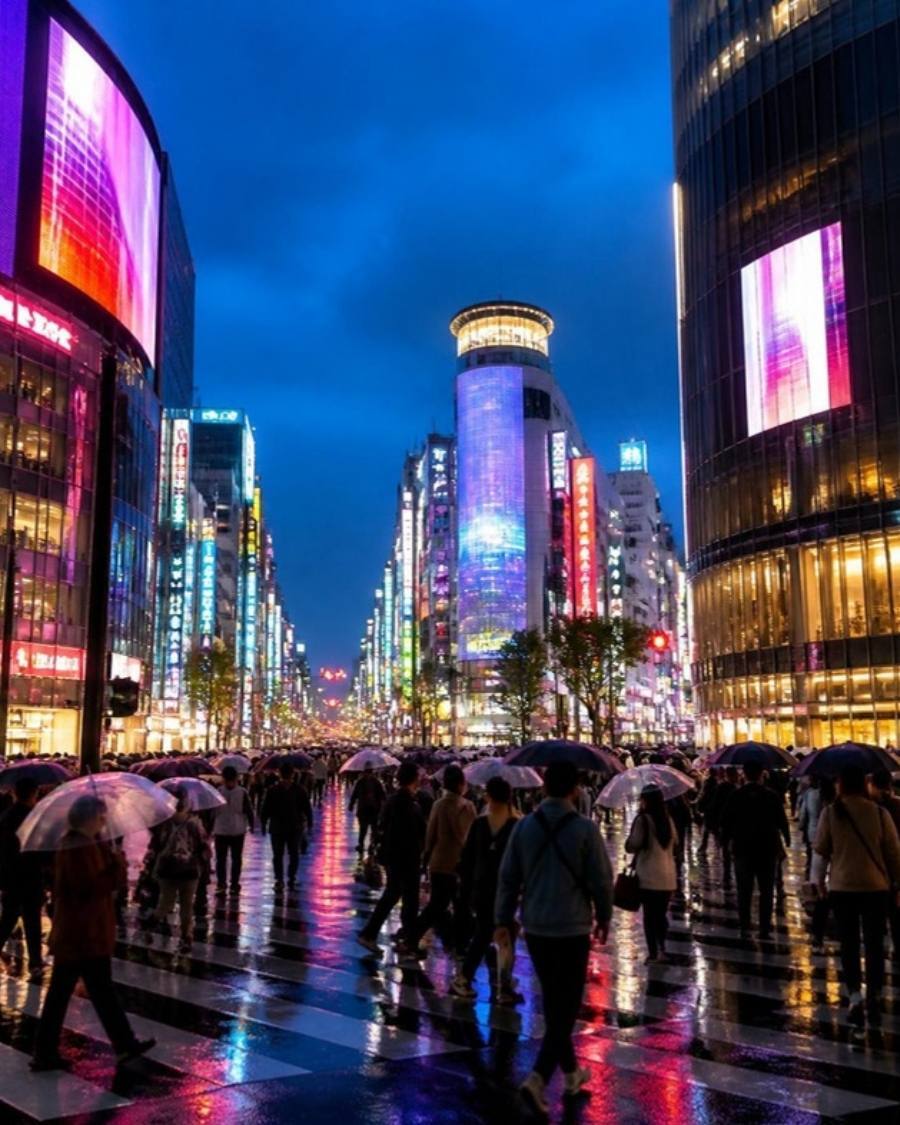 Shibuya crossing at night in the rain