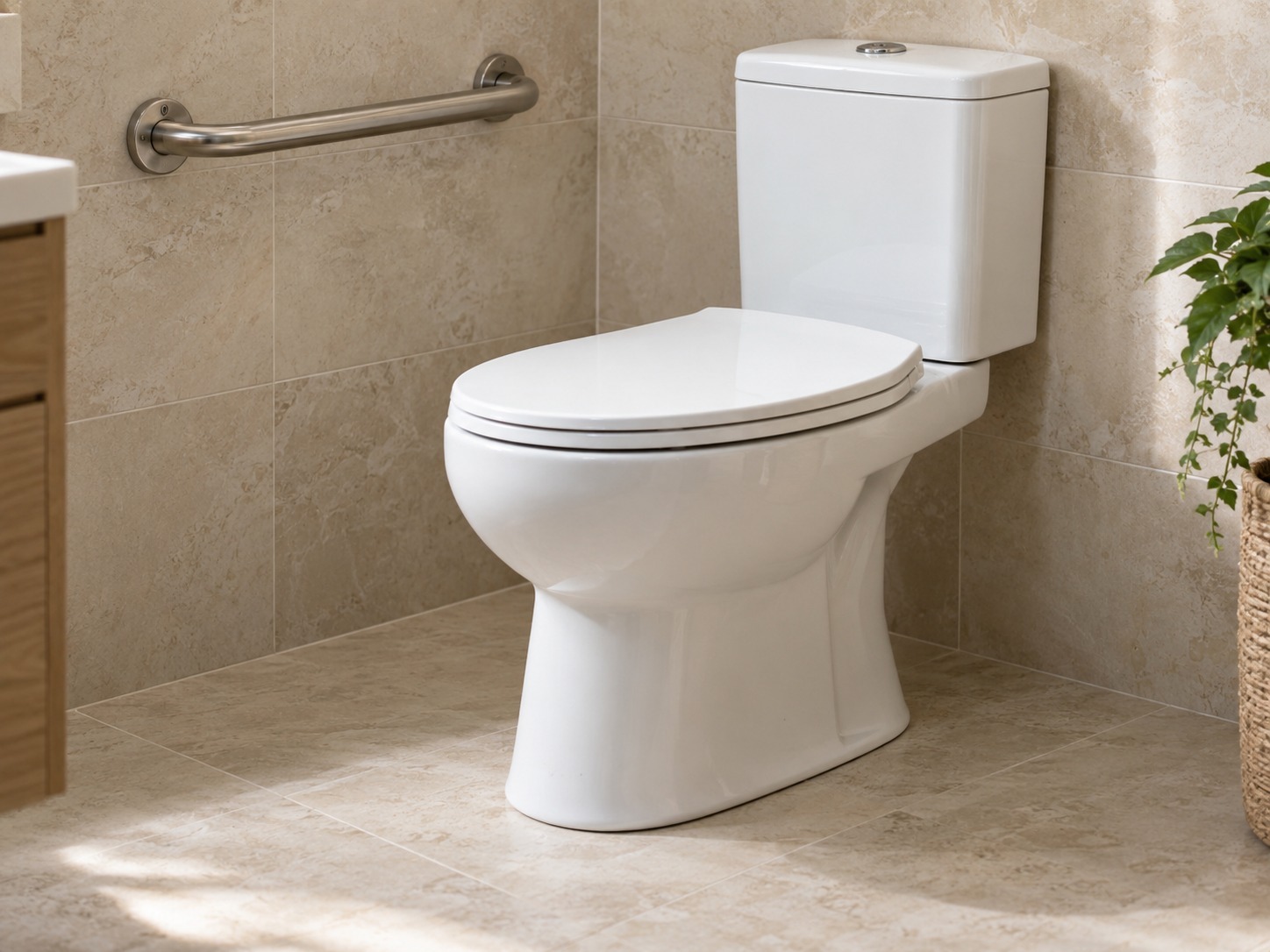 Comfort-height toilet shown with a grab rail