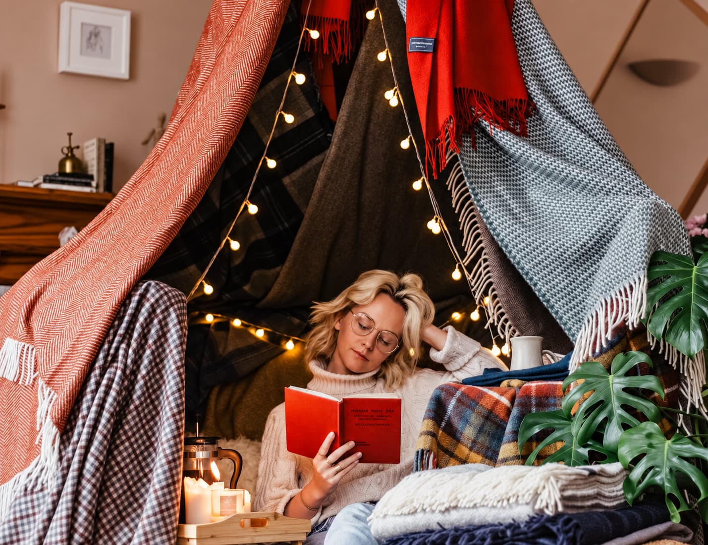 Adult relaxing inside a blanket fort