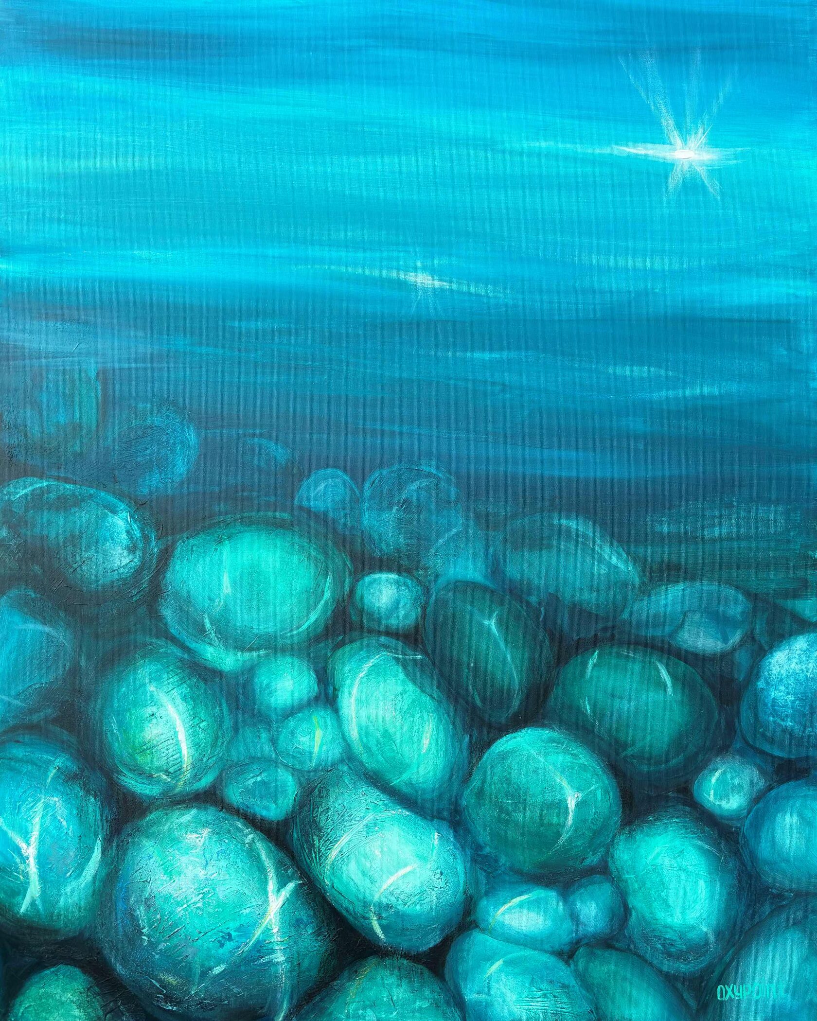 Acrylic painting of the seabed, stones and pebbles, mixed media, turquoise sea, waves, seascape, painting for sale Oxana Kravtsova Oxypoint, large wall art for sale, buy art from artist, buy original paintings