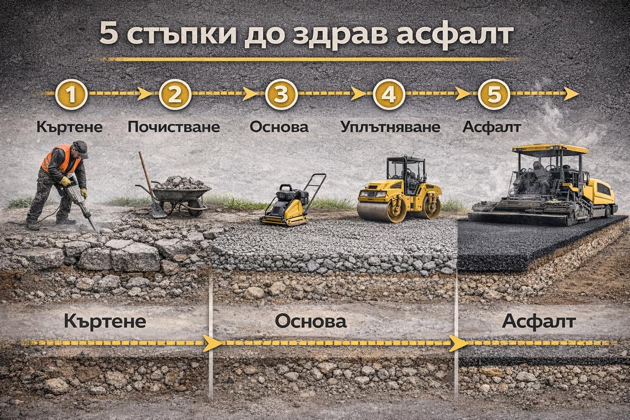 процес на асфалтиране от демонтаж до готова настилка