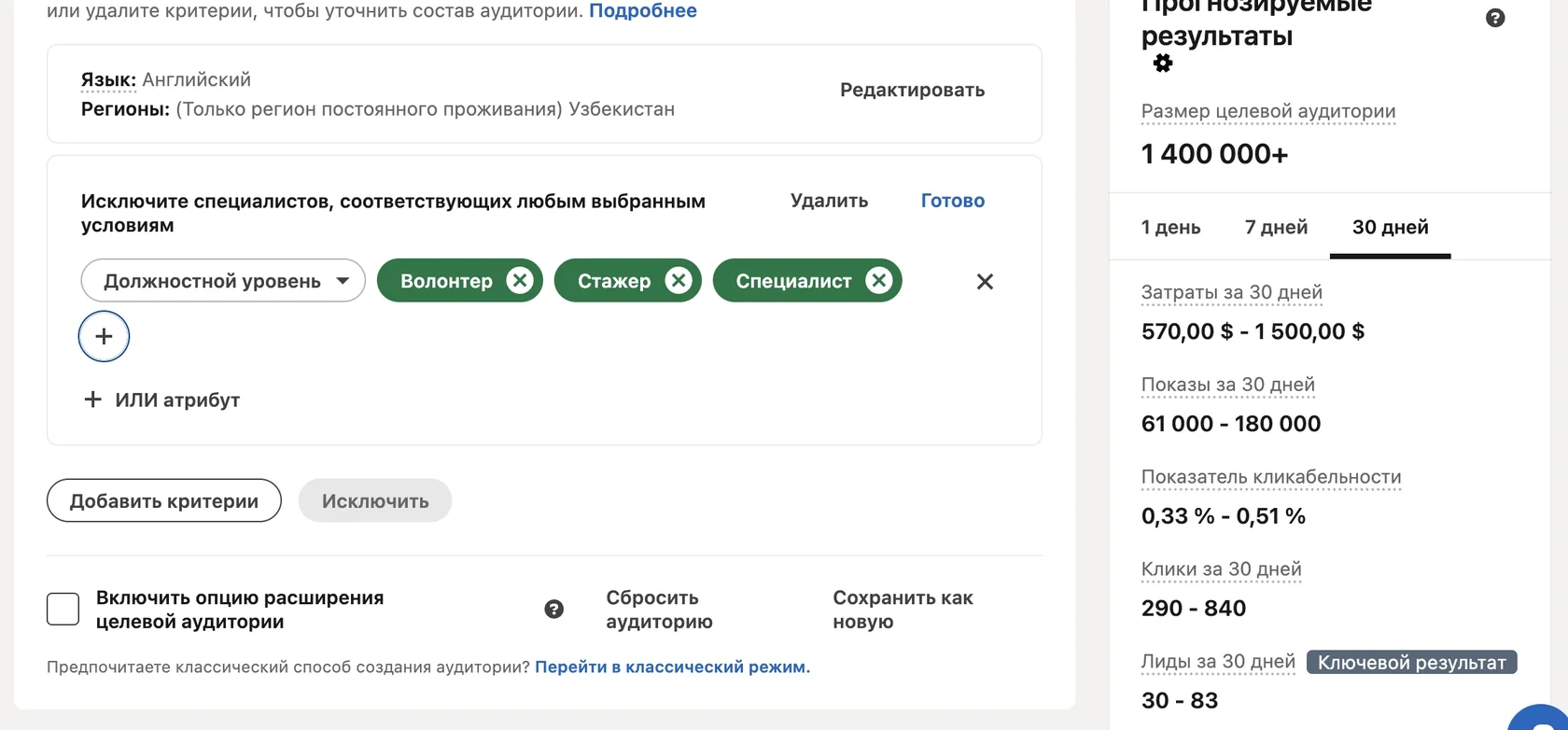 Исключения в таргетинге LinkedIn