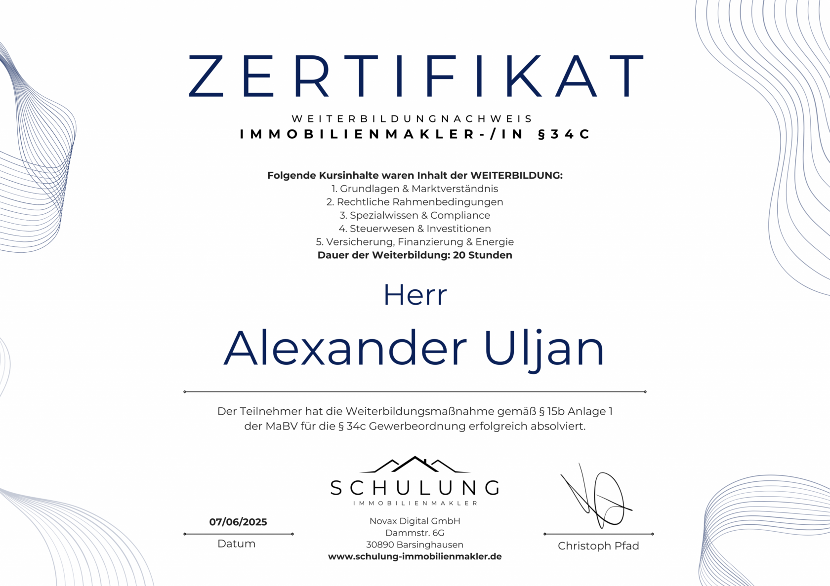 Weiterbildungsnachweis Immobilienmakler §34c, Alexander Uljan, 2025