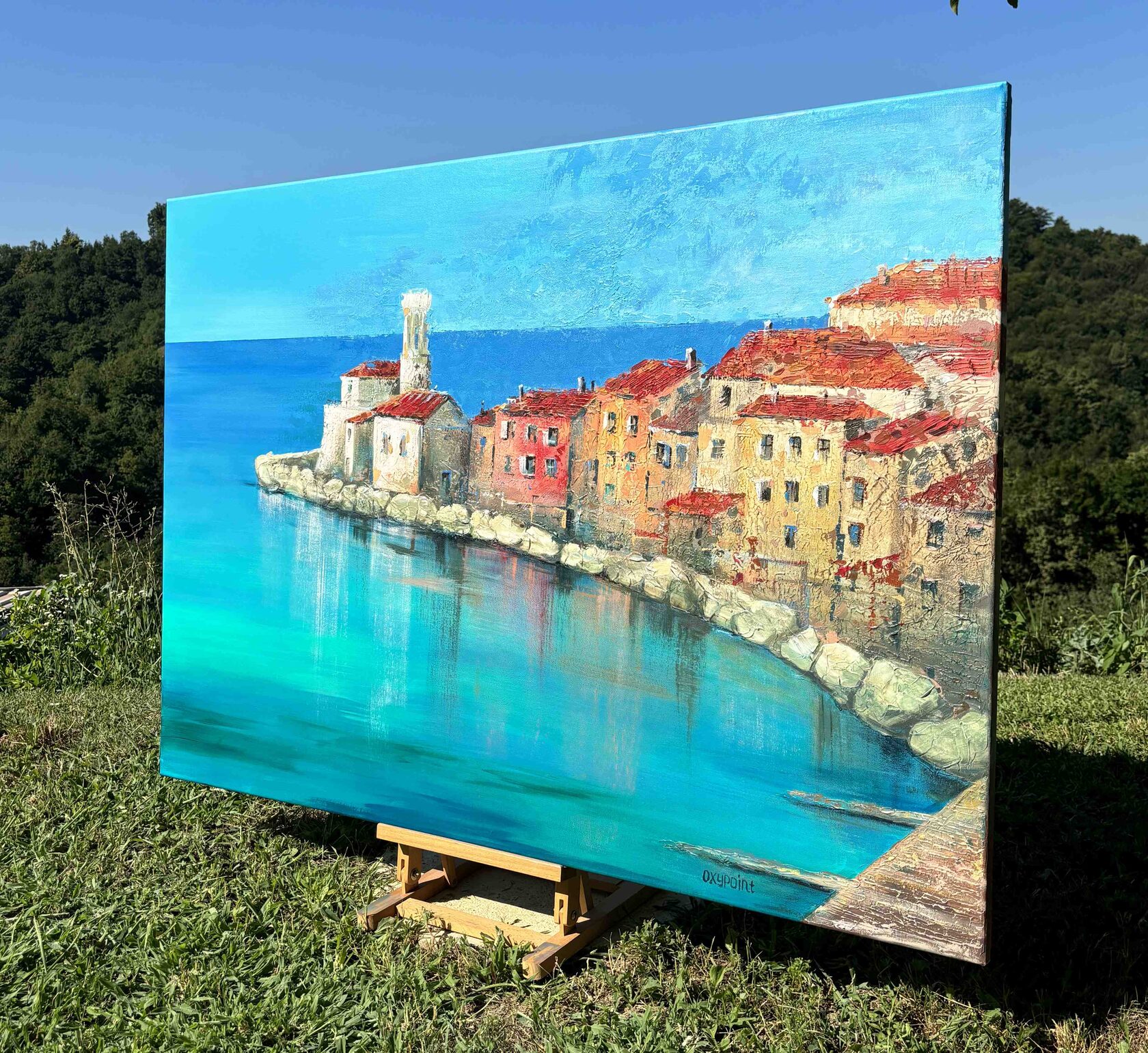 Acrylic painting Piran, mixed media, Slovenia, large wall art for sale, buy art from artist, buy original paintings, painting for sale Oxana Kravtsova Oxypoint