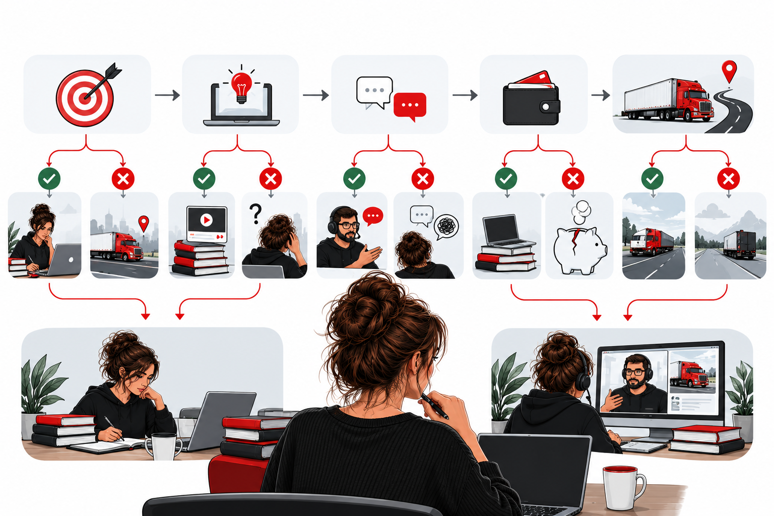 Decision tree based on goal, current skills, need for feedback, budget and available practice