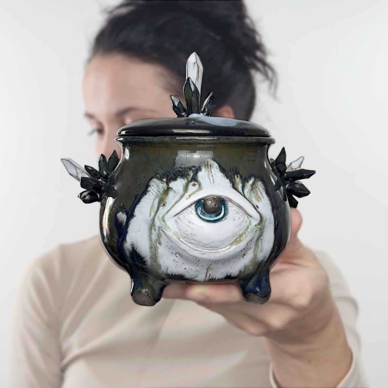 Handmade ceramic witchy jar with lid and eye design, mystical clay sugar bowl with magical decor