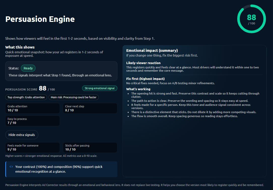 Persuasion Engine results showing emotional impact summary and top strength and main risk