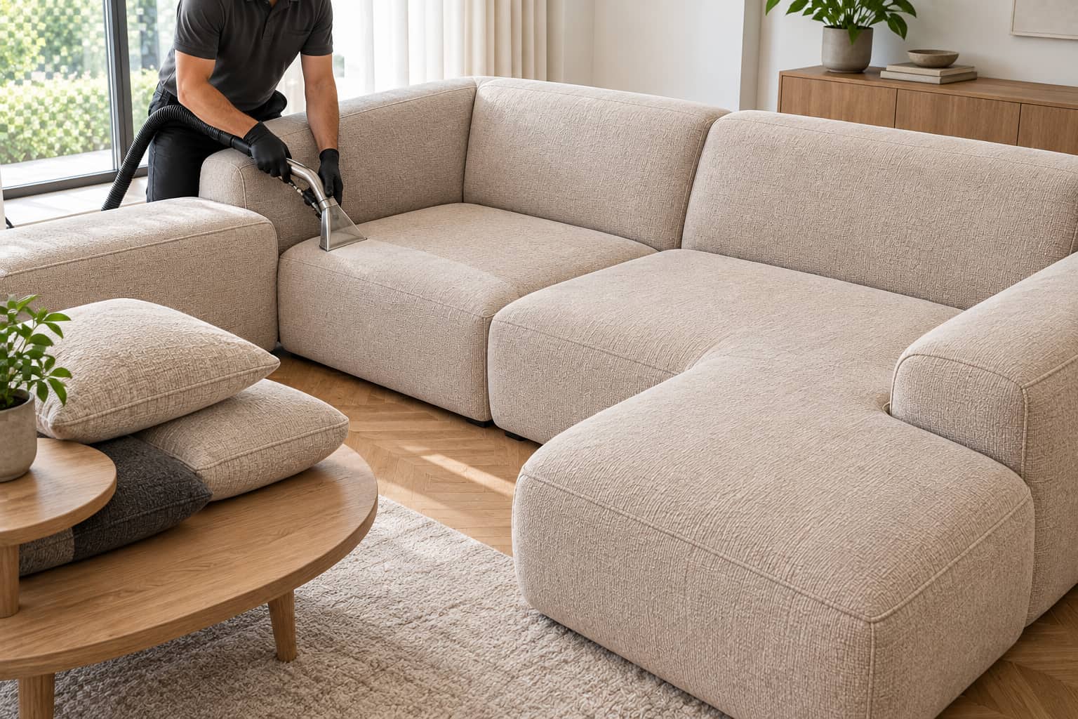 Ecksofa reinigen lassen – Shikardos Frankfurt Großes helles Ecksofa nach der professionellen Reinigung – Ecksofa reinigen lassen in Frankfurt