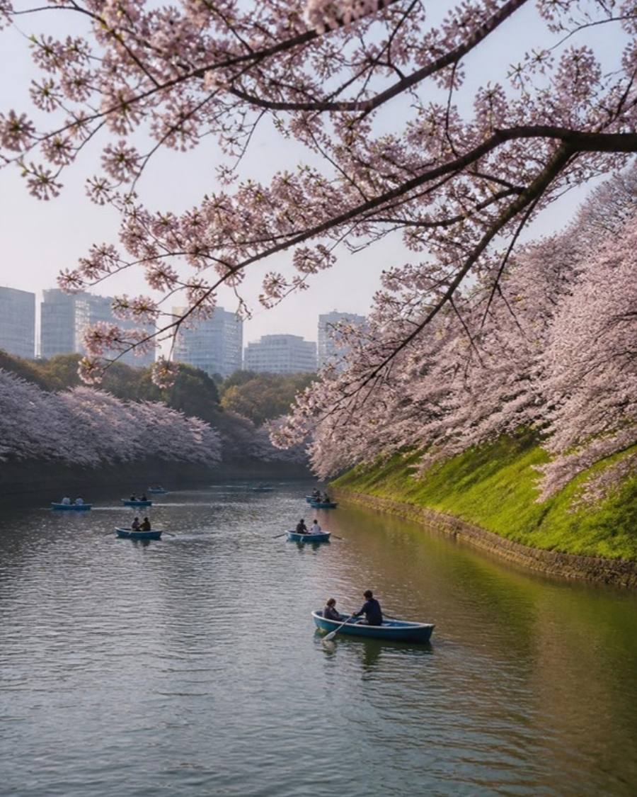 Cherry blossoms over a moat in Tokyo with rowing boats