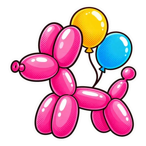 Sticker: pinker Ballonhund mit gelbem und blauem Luftballon