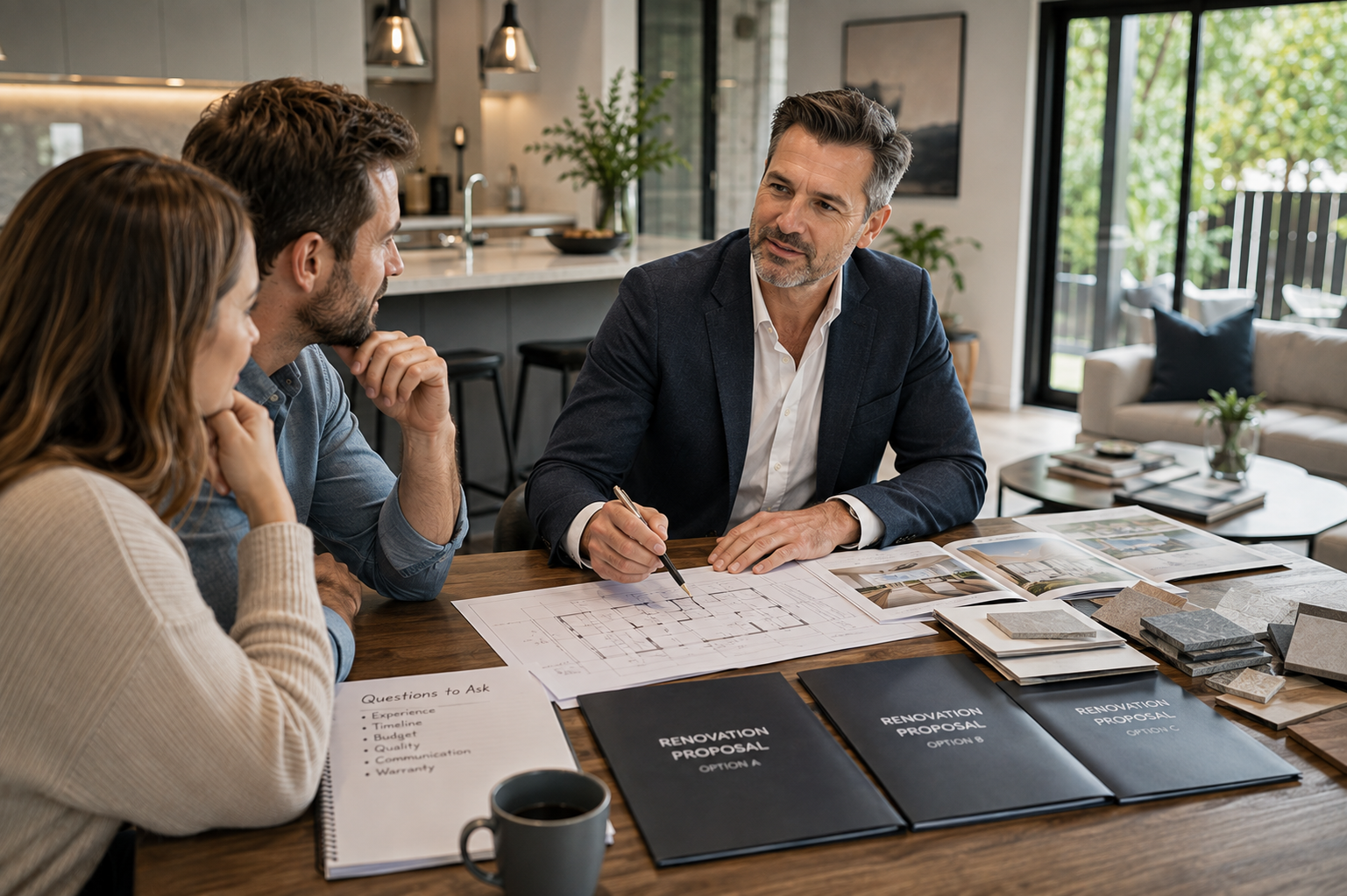 Auckland homeowners comparing renovation builder proposals with a professional renovation project manager