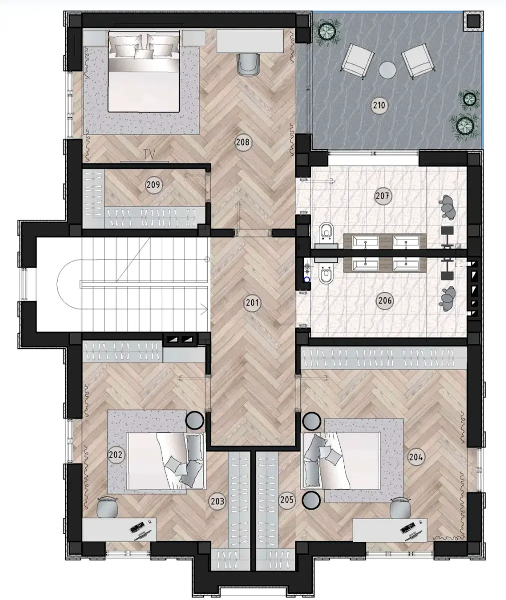 Планировка второго этажа дома площадью 240 м² в MAETOK