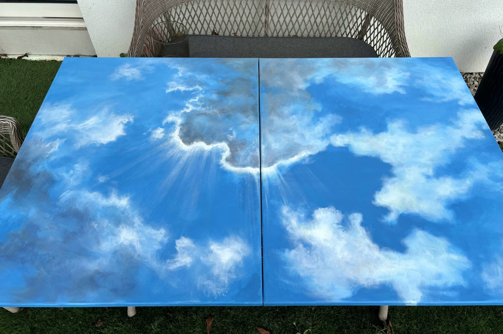 Acrylic painting White Clouds, Cloudscaps, Cloud, blue painting, large wall art for sale, buy art from artist, buy original paintings, diptych, painting for sale Oxana Kravtsova Oxypoint