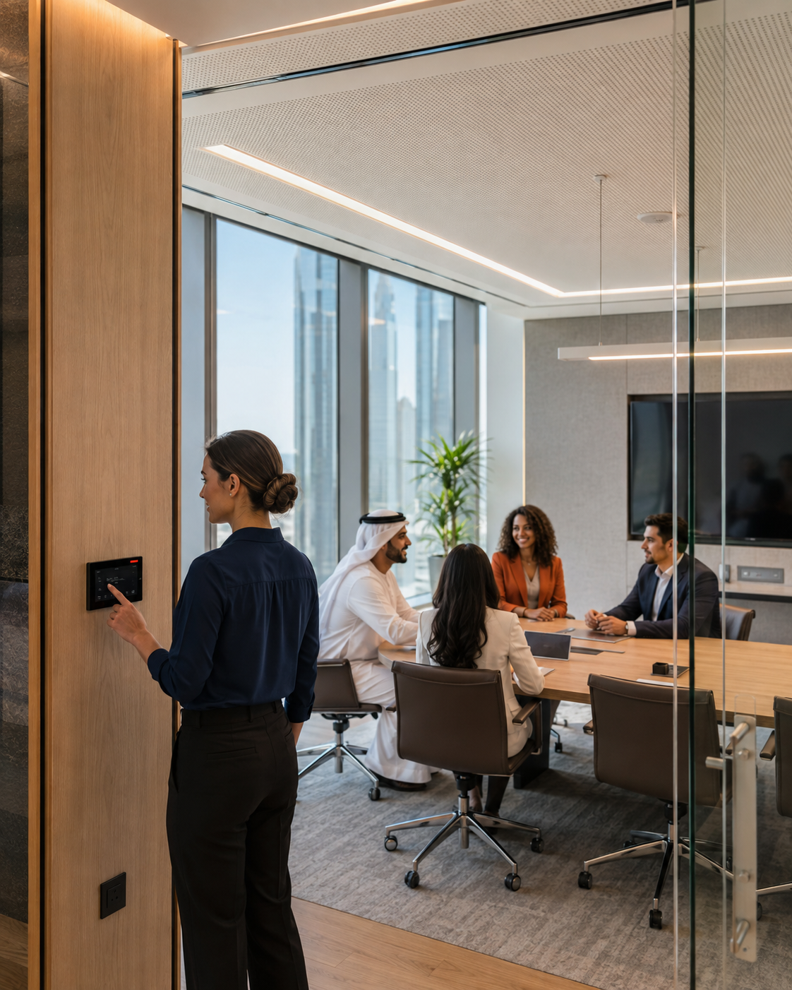 Team using smart office automation in a bright Dubai meeting room