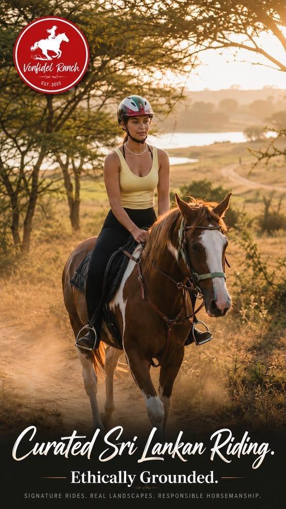 Curated Sri Lankan riding at Vonfidel Ranch with a rider on horseback in golden light