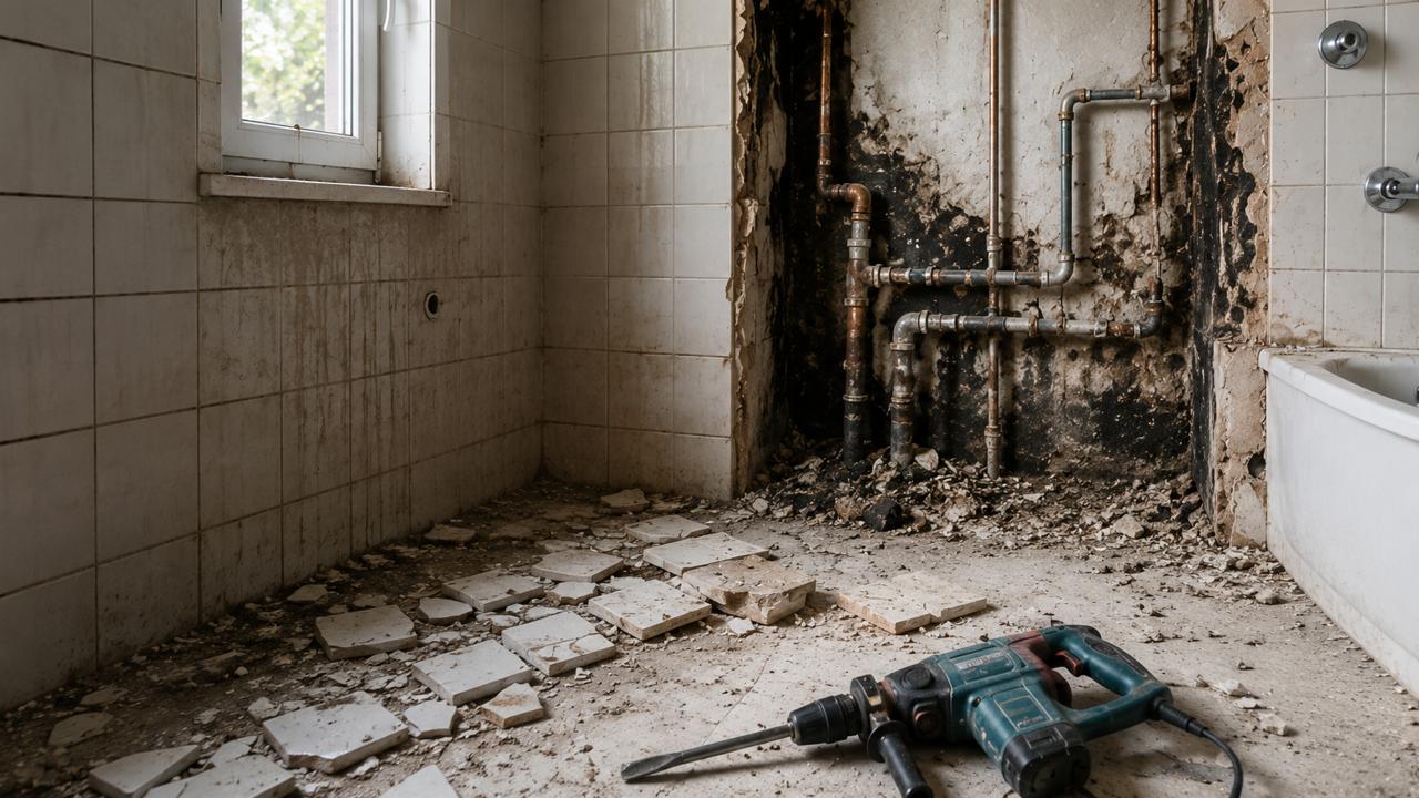 Къртене на баня в София – демонтаж на стари плочки, скрити тръби и влага зад облицовката
