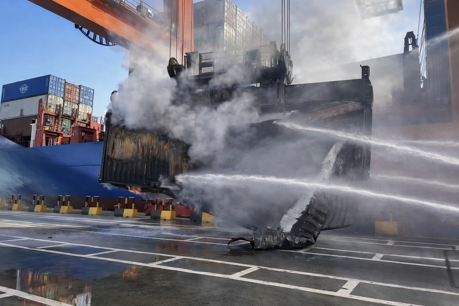 Burning shipping container being extinguished at a port terminal — the risk behind lithium battery cargo declared incorrectly