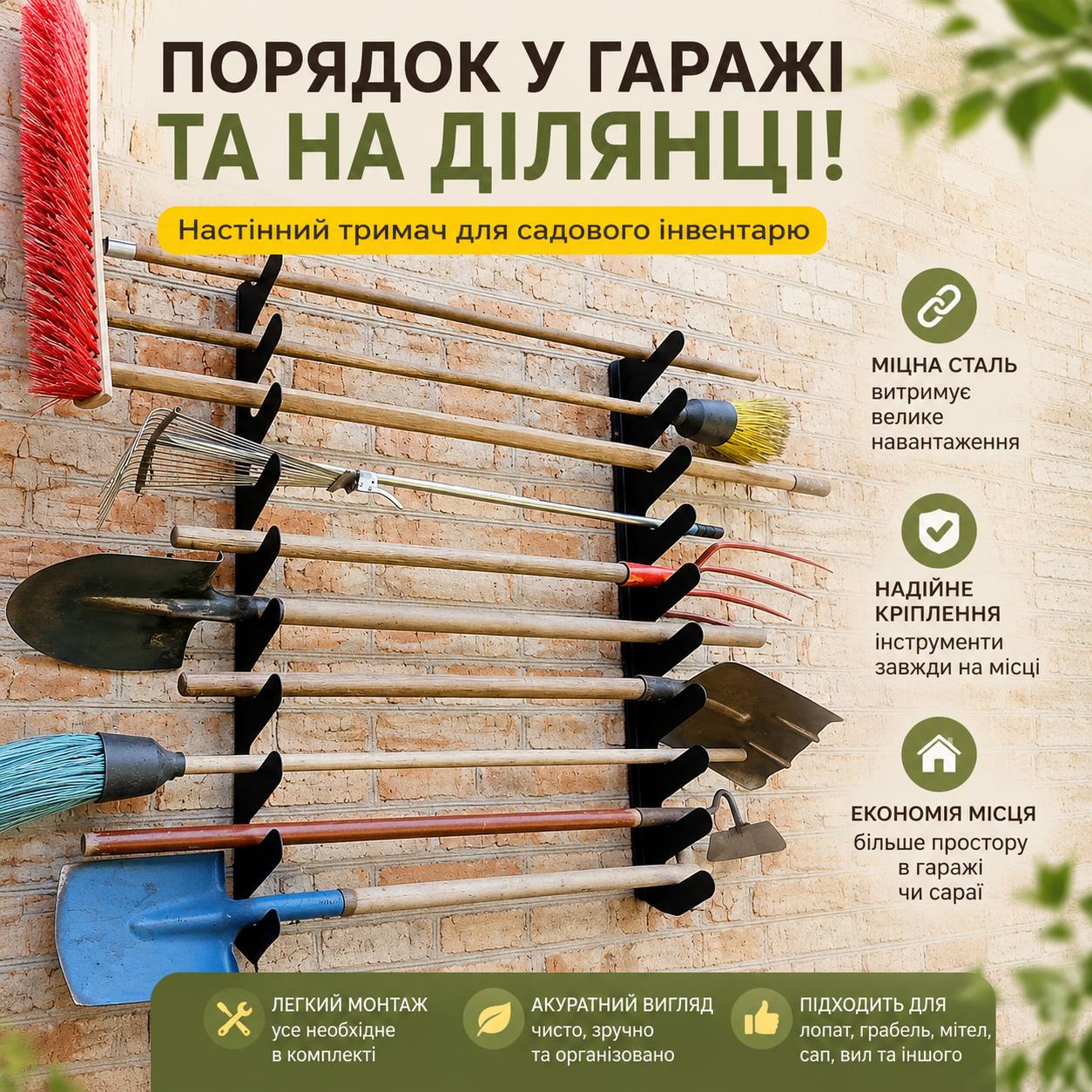 Металевий настінний тримач для садового інструменту