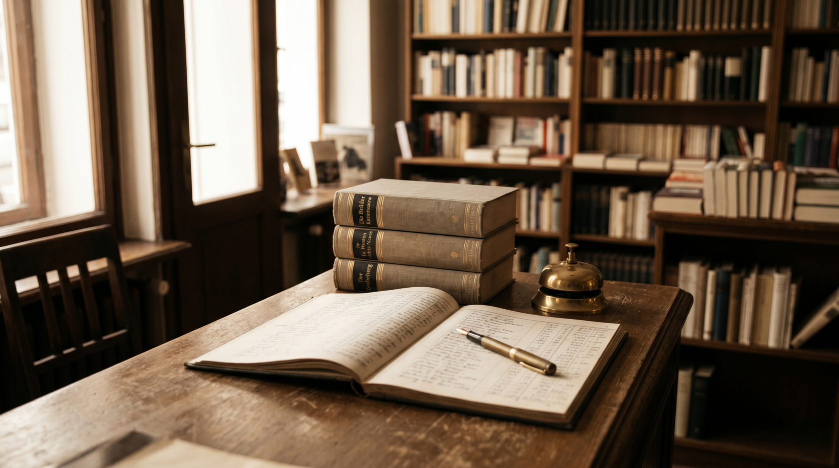 Traditionelle deutsche Buchhandlung mit Büchern, Kassenbuch und Glocke als Symbol für Direktverkauf und Buchpreisbindung