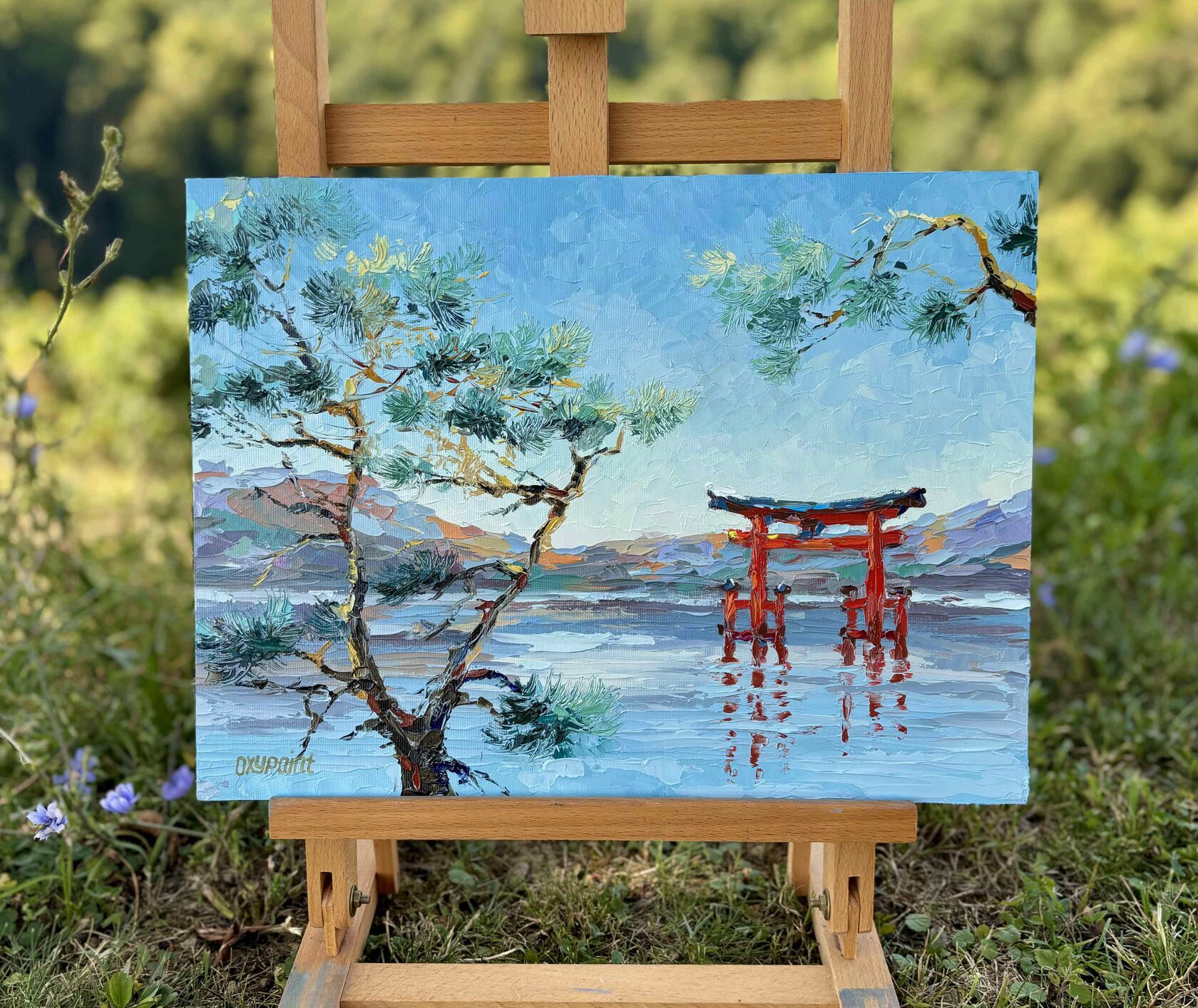 Torii oil painting, Red Japanese Gate palette knife painting, Pine Trees and Lake Engraving modern painting, contemporary artist Kravtsova Oxana Oxypoint, paintings for sale