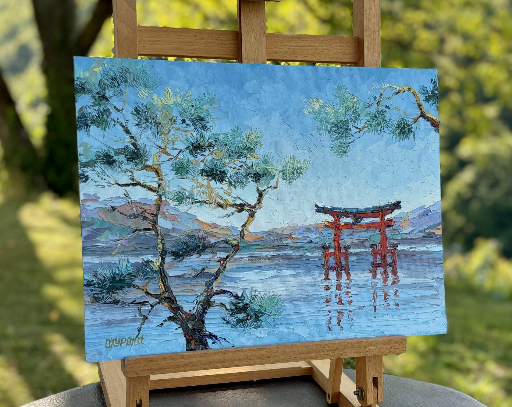 Torii oil painting, Red Japanese Gate palette knife painting, Pine Trees and Lake Engraving modern painting, contemporary artist Kravtsova Oxana Oxypoint, paintings for sale