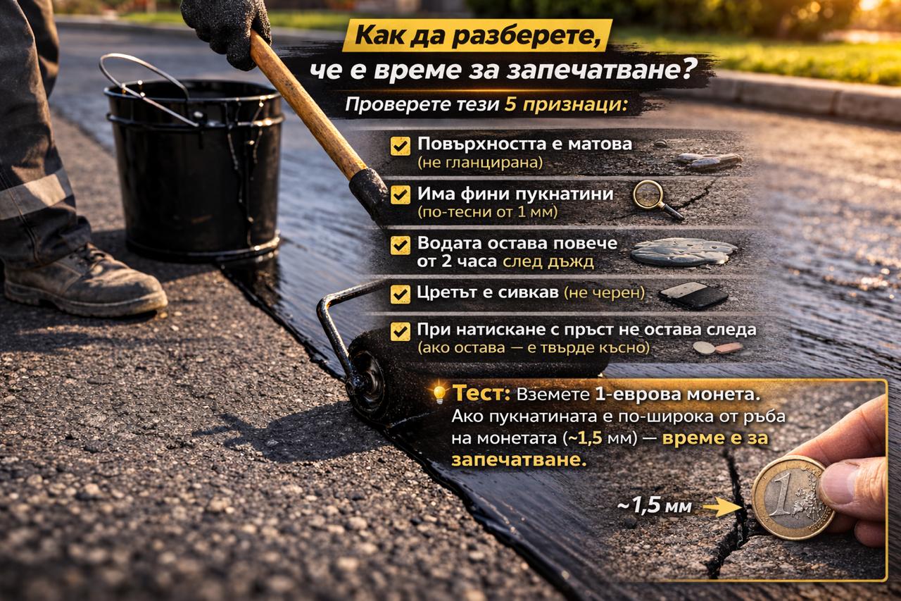Признаци че е време за запечатване на асфалт – фини пукнатини, матова повърхност и тест с 1 евро монета