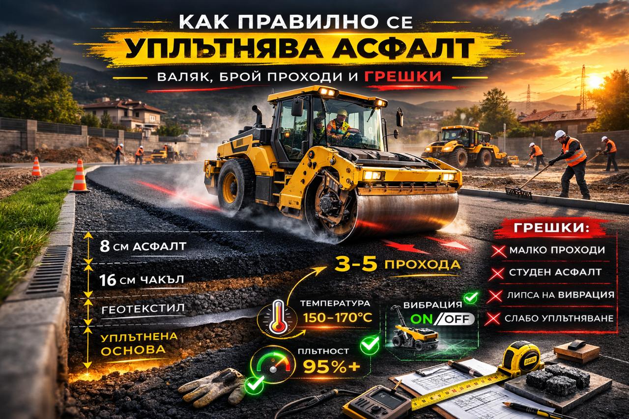 Инфографика за правилно уплътняване на асфалт – валяк, брой проходи, температура и контрол на плътността при асфалтиране.