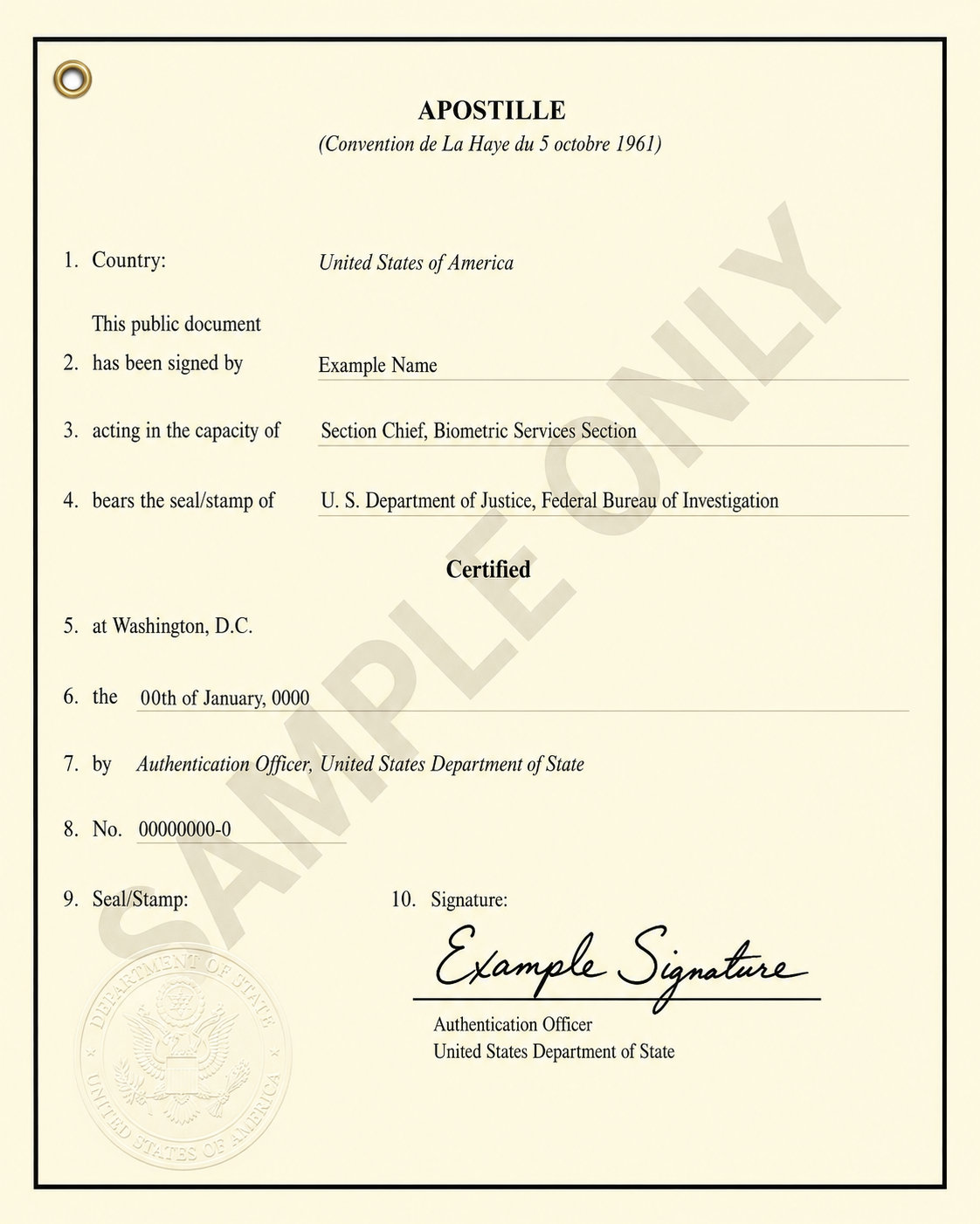 Sample FBI apostille certificate example