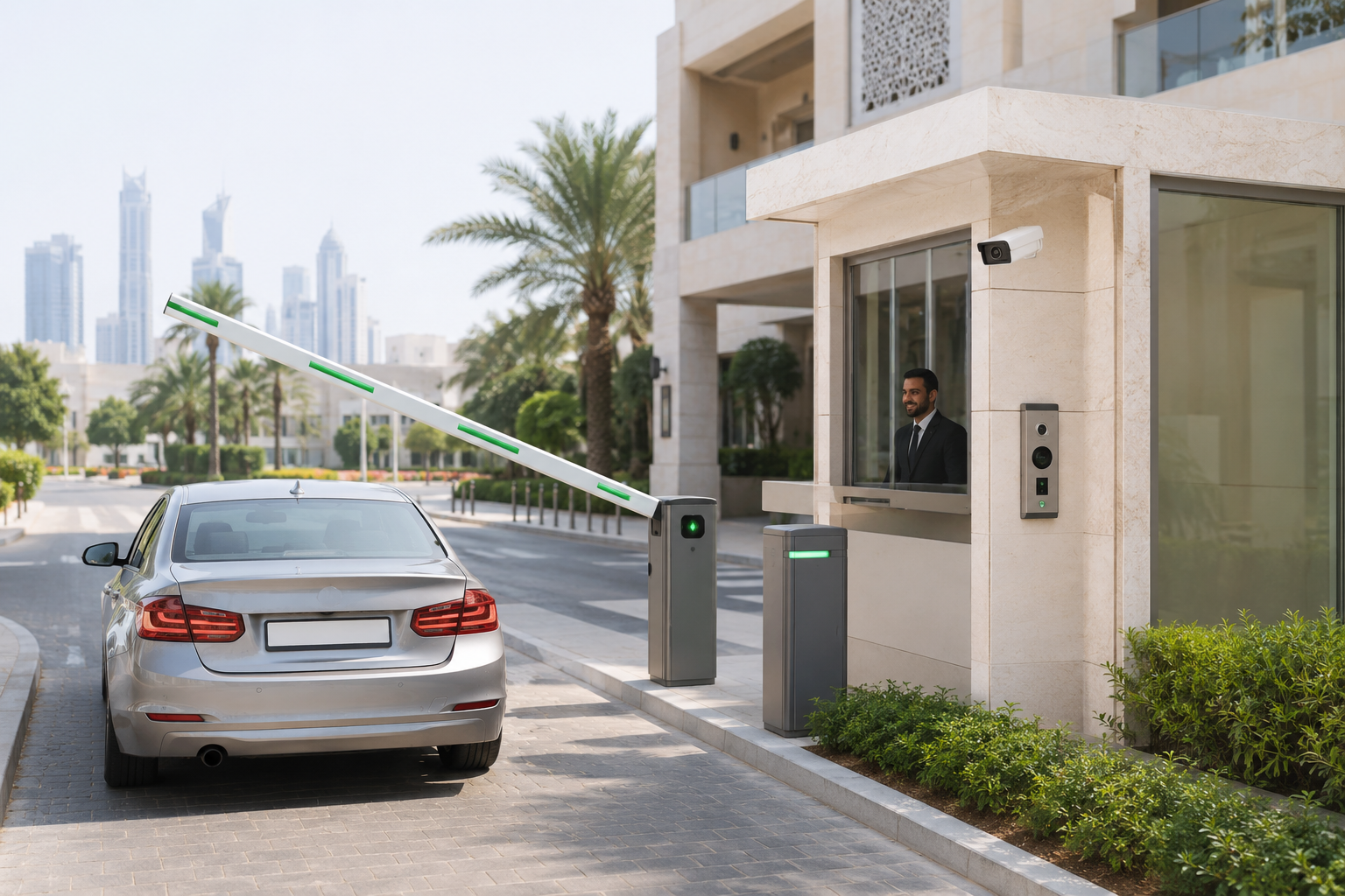 Vehicle access control with barrier, intercom and license-plate camera