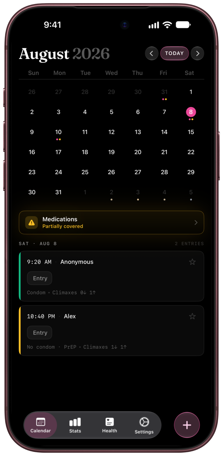 Candor calendar showing a selected day with medication status and two entries